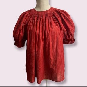 ULLA JOHNSON / Blouse Top Puff Sleeves Striped Lurex Brick Red Gauze Size 0 NWOT